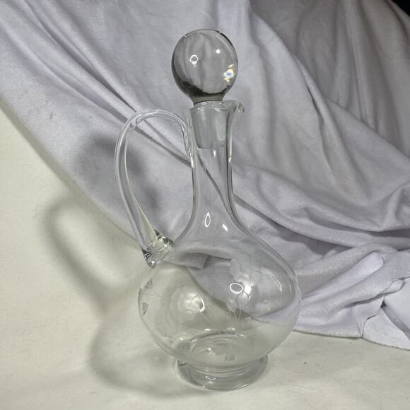 Etched Glass Elegant Cruet Bottle with Pour Spout, Handle & Heavy Ball Stopper - Picture 2 of 10